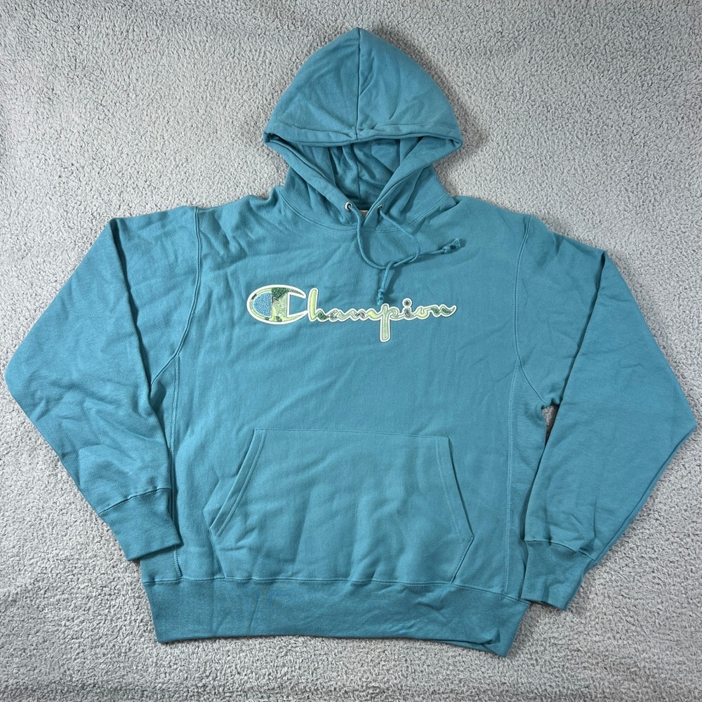Champion‎ Reverse Weave Hoodie Men's Large Teal Blue Chenille Logo VTG NWT